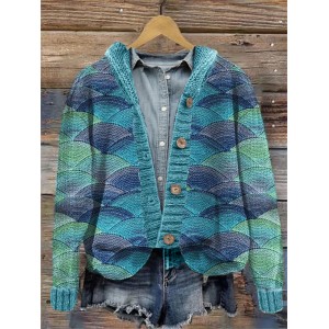 Sea Waves Inspired Knit Art Cozy Hooded Cardigan