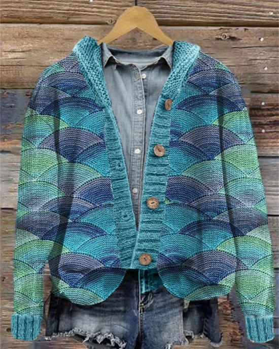 Sea Waves Inspired Knit Art Cozy Hooded Cardigan Sea Waves Inspired Knit Art Cozy Hooded Cardigan