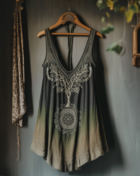 Vintage Tribal Celtic Knot Life Of Tree Gradient Art Print Women's Linen Tank Top