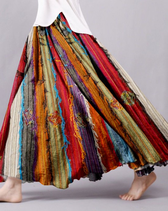 Boho Colorful Textile Flowy Linen Blend Wide Skirt Boho Colorful Textile Flowy Linen Blend Wide Skirt