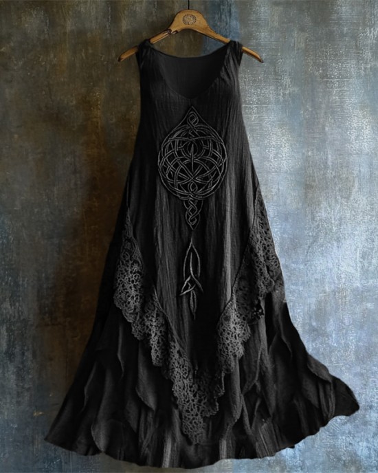 Viking Celtic Knot Lace Hem Layered Linen Tank Dress Viking Celtic Knot Lace Hem Layered Linen Tank Dress