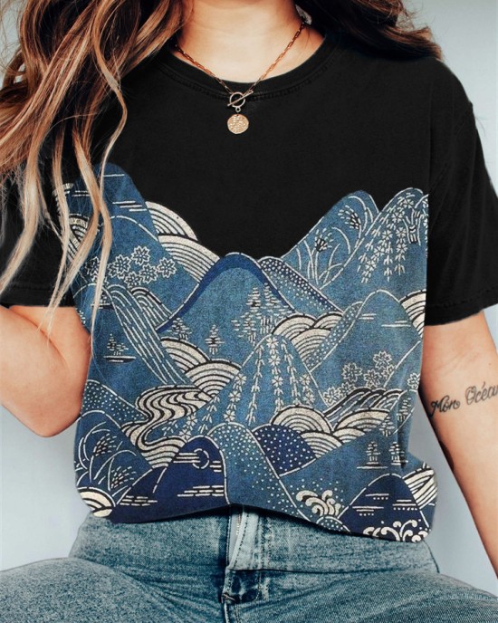 Mountains & Waves Landscape Japanese Art Vintage T Shirt