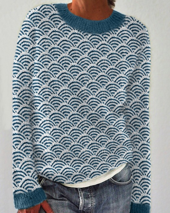 Japanese Sea Waves Inspired Knit Art Cozy Sweater Japanese Sea Waves Inspired Knit Art Cozy Sweater