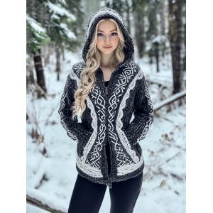 Women's Vintage Celtic Knot Jacquard Cozy Knit Hooded Cardigan