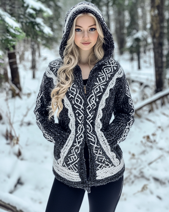Women's Vintage Celtic Knot Jacquard Cozy Knit Hooded Cardigan
