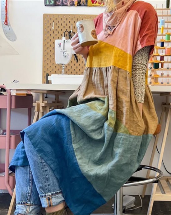 Colorful Earthy Landscape Patchwork Linen Dress Colorful Earthy Landscape Patchwork Linen Dress