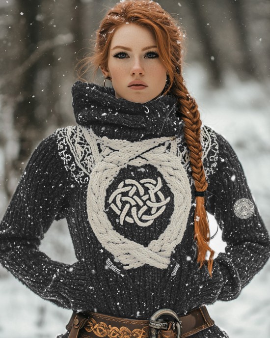 Women's Viking Tribal Jacquard Celtic Inspired Chunky Knit Hooded Sweater Women's Viking Tribal Jacquard Celtic Inspired Chunky Knit Hooded Sweater