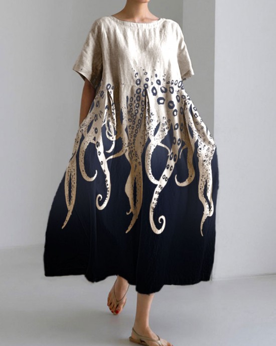 Ocean Octopus Japanese Art Linen Blend Casual Dress Ocean Octopus Japanese Art Linen Blend Casual Dress