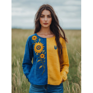 Ukraine Sunflower Embroidery Art Blend Linen Round Neck T-shirt