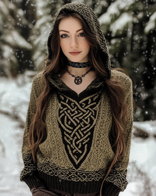 Women's Viking Style Celtic Knot Knitted Jacquard Hooded Sweater Women's Viking Style Celtic Knot Knitted Jacquard Hooded Sweater