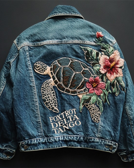 Foxtrot Data Tango Gulf Of Mexico Turtle Floral Embroidered Denim Jacket Foxtrot Data Tango Gulf Of Mexico Turtle Floral Embroidered Denim Jacket
