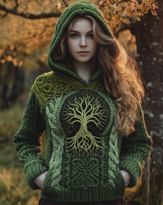 Viking Tree Of Life Knit Pattern Women's Hooded Sweater Viking Tree Of Life Knit Pattern Women's Hooded Sweater