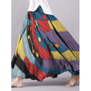 Vintage Boho Color Block Flowy Wide Skirt