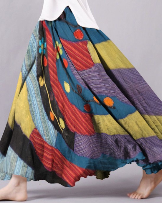 Vintage Boho Color Block Flowy Wide Skirt