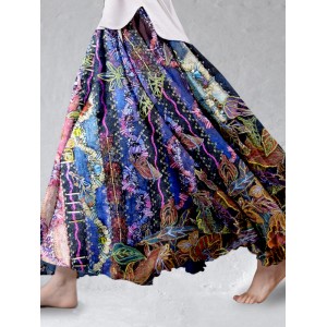Vintage Floral Embroidered Flowy Linen Blend Wide Skirt