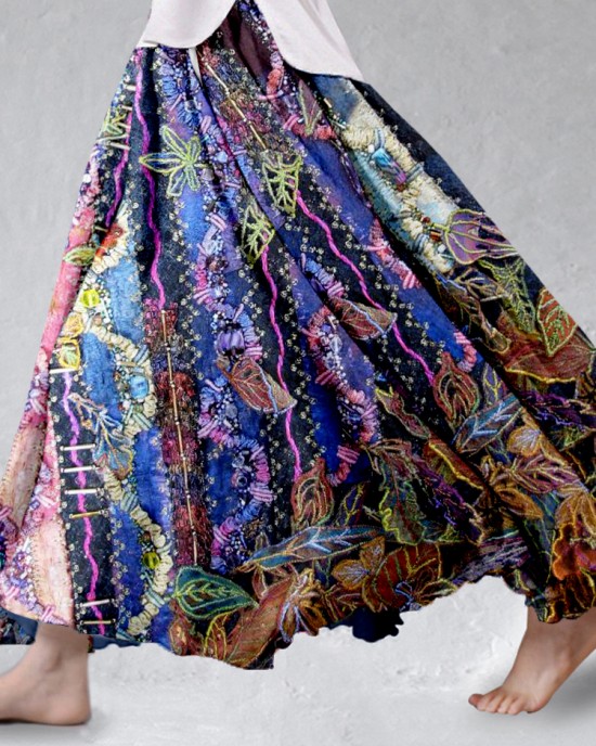 Vintage Floral Embroidered Flowy Linen Blend Wide Skirt Vintage Floral Embroidered Flowy Linen Blend Wide Skirt