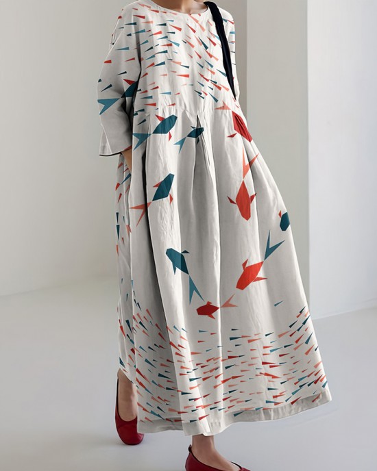 Fish Printed Loose Midi Dress