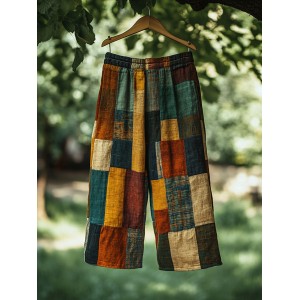 Vintage Color Block Linen Blend Casual Pants