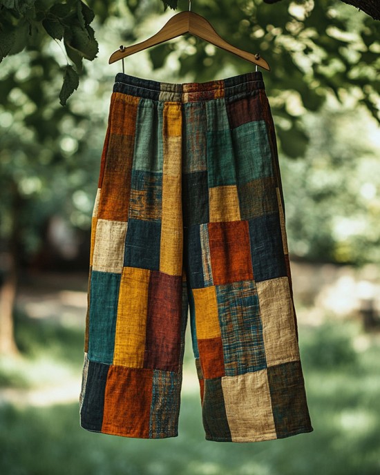 Vintage Color Block Linen Blend Casual Pants Vintage Color Block Linen Blend Casual Pants