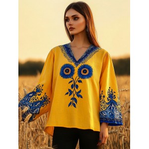 Women's Ukrainian Sunflower Embroidery Art V-neck Linen Blend T-shirt