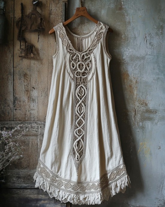 Vintage Tribal Celtic Knot Lace Art Linen Tank Dress