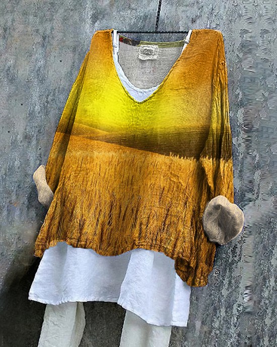 Women's Sunset Wheat Print Linen V-neck Shirt Women's Sunset Wheat Print Linen V-neck Shirt