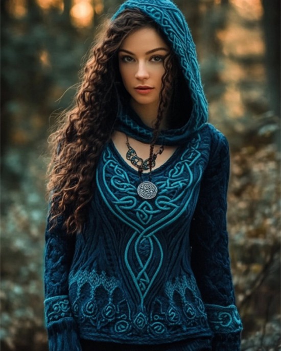 Peacock Inspired Celtic Jacquard V Neck Sweater