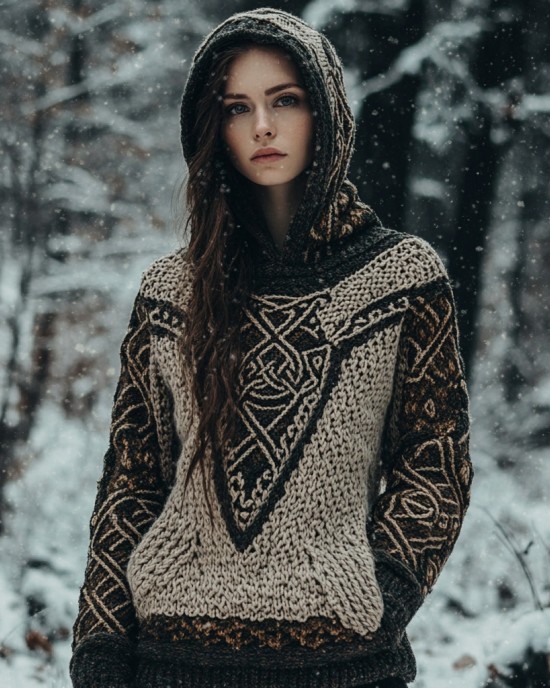 Women's Viking Totem Celtic Knot Vintage Pocket Hooded Sweater Women's Viking Totem Celtic Knot Vintage Pocket Hooded Sweater