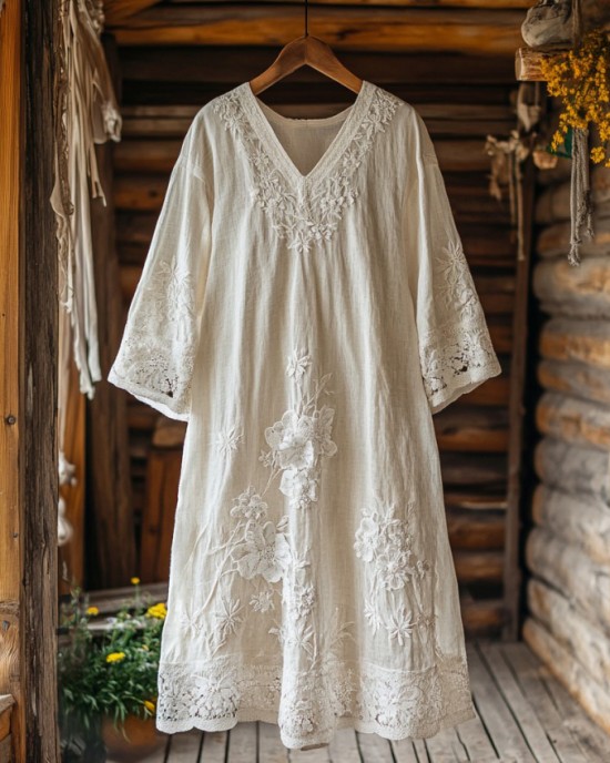 Retro Floral Embroidery Lace Art Linen Blend Maxi Dress Retro Floral Embroidery Lace Art Linen Blend Maxi Dress