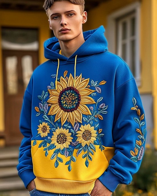 Men's Ukrainian Sunflower Embroidered Cozy Hoodie