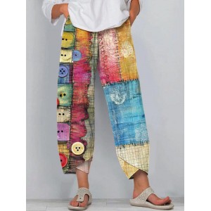 Women's Multicolor Button Design Patchwork Linen Blend Pants