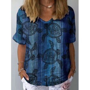 Women's Turtle Pattern Linen Blend T-shirt