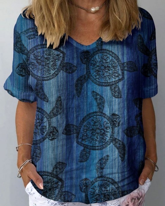 Women's Turtle Pattern Linen Blend T-shirt Women's Turtle Pattern Linen Blend T-shirt