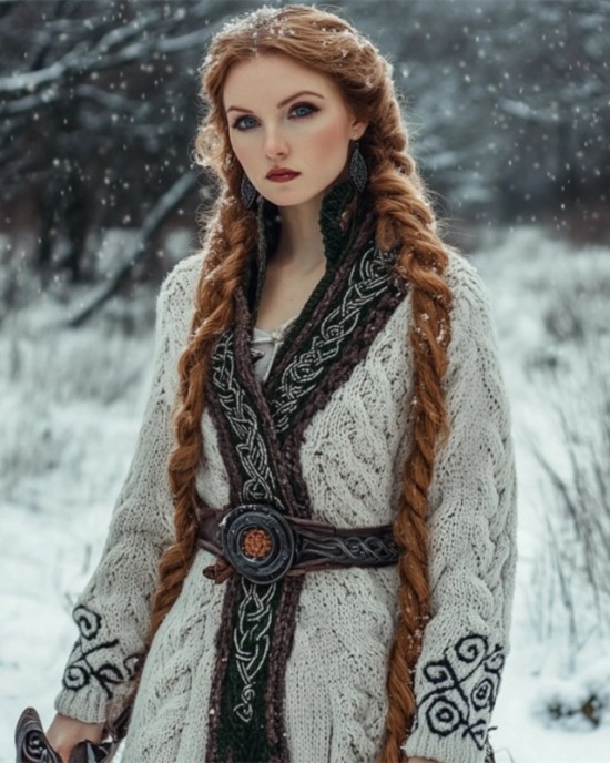 Medieval Celtic Contrast Hem Cozy Chunky Long Cardigan Medieval Celtic Contrast Hem Cozy Chunky Long Cardigan