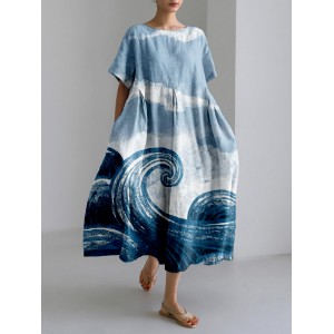 Ocean Waves Art Linen Blend Comfy Maxi Dress