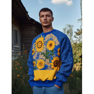 Men's Ukrainian Sunflower Embroidery Raglan Sleeve Casual Sweatshirt