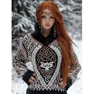 Women's Viking Wolf Jacquard Celtic Style Knitted Hooded Sweater