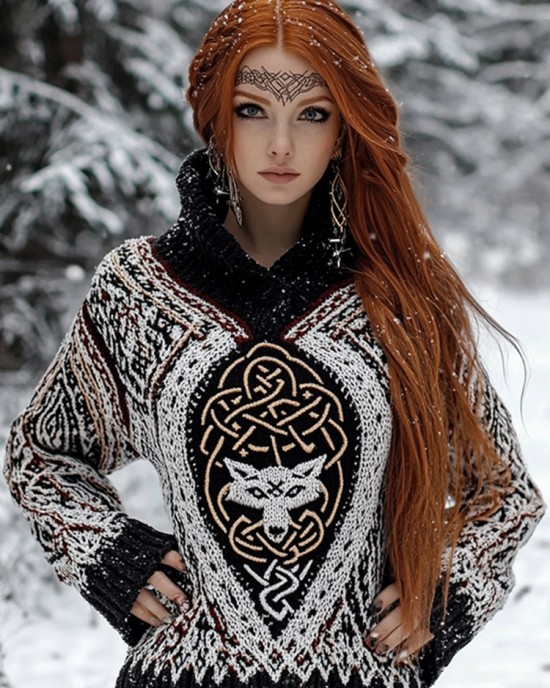 Women's Viking Wolf Jacquard Celtic Style Knitted Hooded Sweater Women's Viking Wolf Jacquard Celtic Style Knitted Hooded Sweater