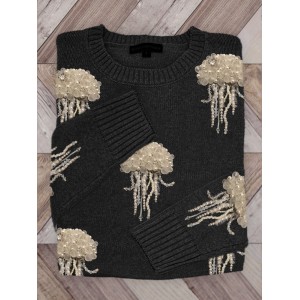 Jellyfish Pearls Beaded Embroidered Cozy Knit Sweater