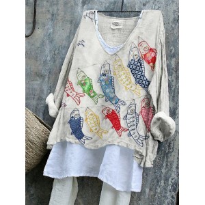 Japanese Colorful Carp Streamer Embroidered Linen Blend Tunic