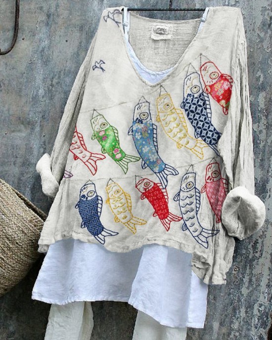 Japanese Colorful Carp Streamer Embroidered Linen Blend Tunic Japanese Colorful Carp Streamer Embroidered Linen Blend Tunic