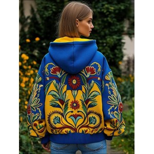 Ukraine Floral Embroidered Contrast Color Cozy Hoodie