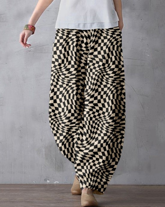 Wavy Checkerboard Pattern Linen Blend Comfy Pants