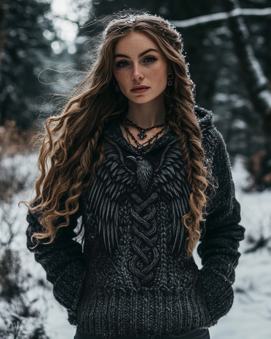 Women's Viking Bird Graphic Chunky Knit Celtic Knot Vintage Pocket Hooded Sweater Women's Viking Bird Graphic Chunky Knit Celtic Knot Vintage Pocket Hooded Sweater