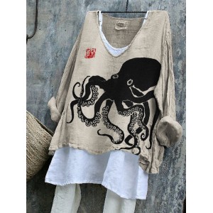 Octopus Japanese Lino Art Flowy Linen Blend Tunic