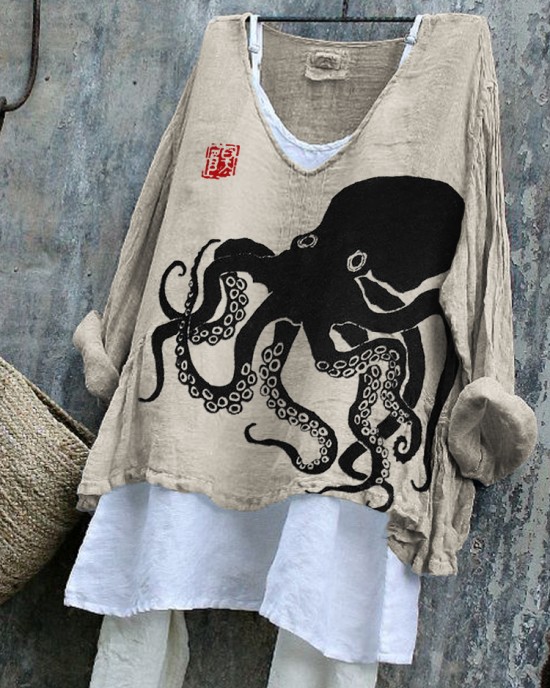 Octopus Japanese Lino Art Flowy Linen Blend Tunic Octopus Japanese Lino Art Flowy Linen Blend Tunic