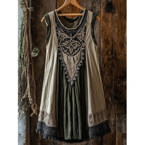 Tribal Celtic Knot Lace Patchwork Art Linen Tank Dress