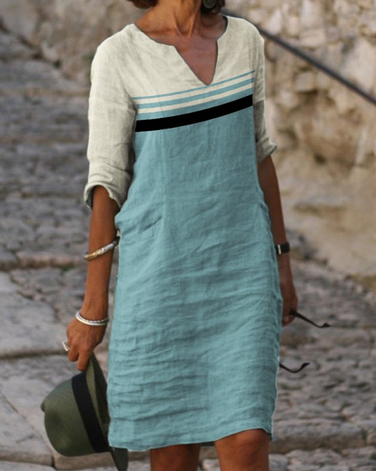 Classy Morandi Colorblock Notch Neck Midi Dress