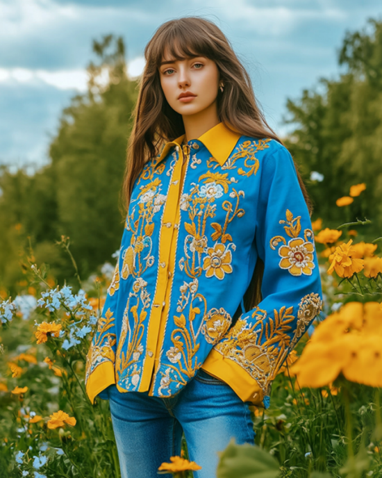 Ukrainian Folk Floral Embroidered Contrast Color Art Print Shirt Ukrainian Folk Floral Embroidered Contrast Color Art Print Shirt