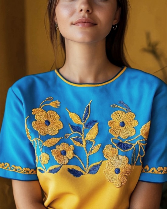 Ukraine Ethnic Floral Embroidered Contrast Color T Shirt